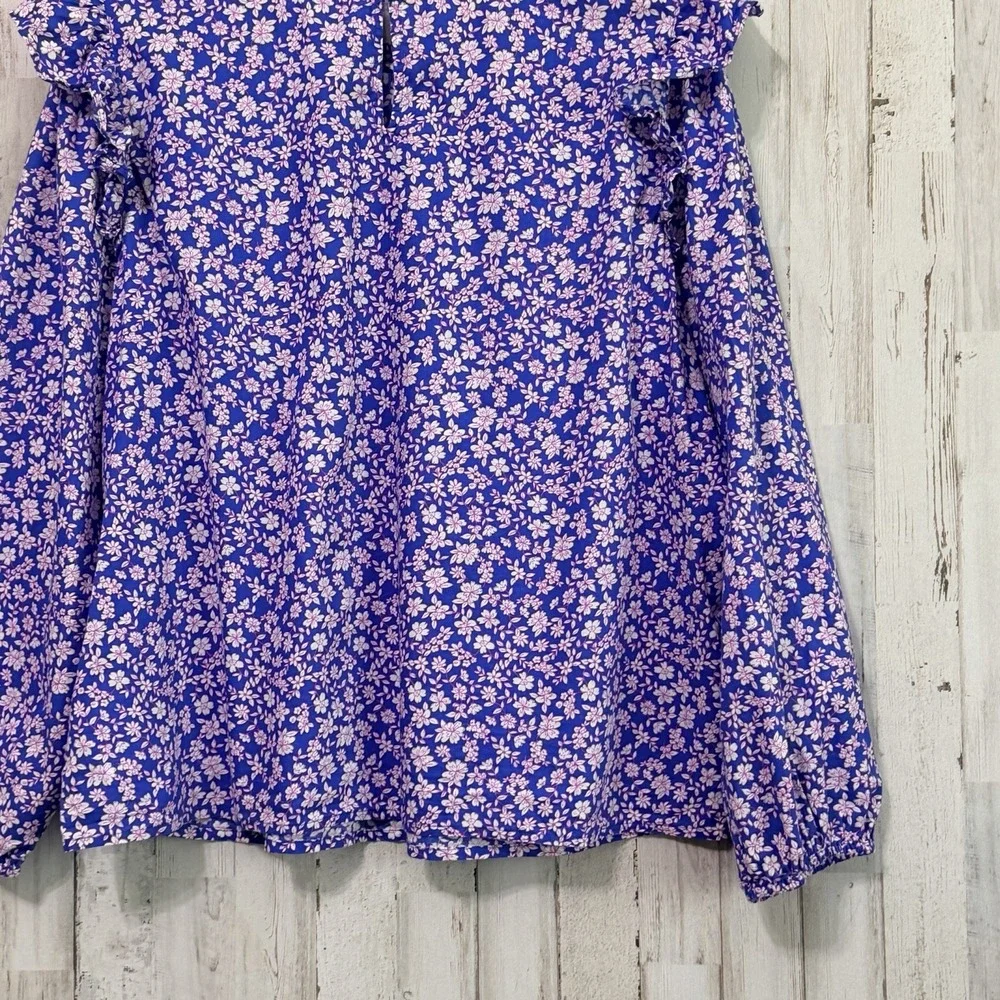 J Crew Floral Ruffle Shoulder Popover Blouse XL Blue Pink Floral Boho Summer